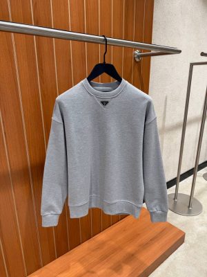 Gray Prada logo neck cotton sweater