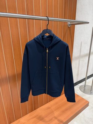 Navy LV signature embroidered Zippered jersey hoodie