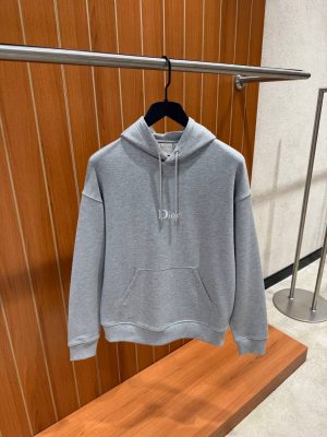 Gray Dior embroidery relaxed fit cotton fleece hoodie