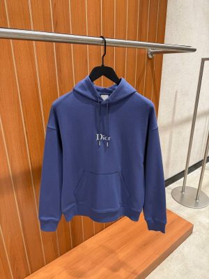Blue Dior embroidery relaxed fit cotton fleece hoodie