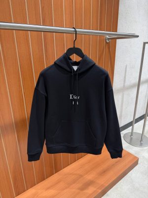 Black Dior embroidery relaxed fit cotton fleece hoodie