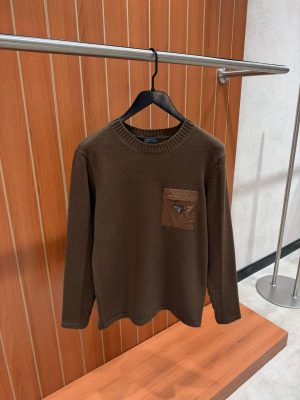 Brown Prada virgin wool nylon chest pocket crew neck sweater