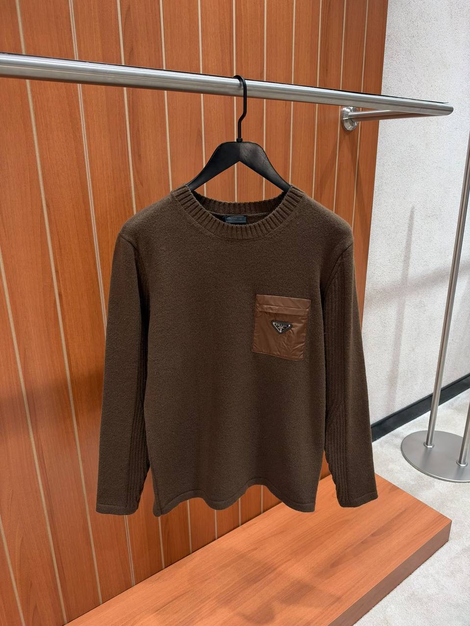 Brown Prada virgin wool nylon chest pocket crew neck sweater