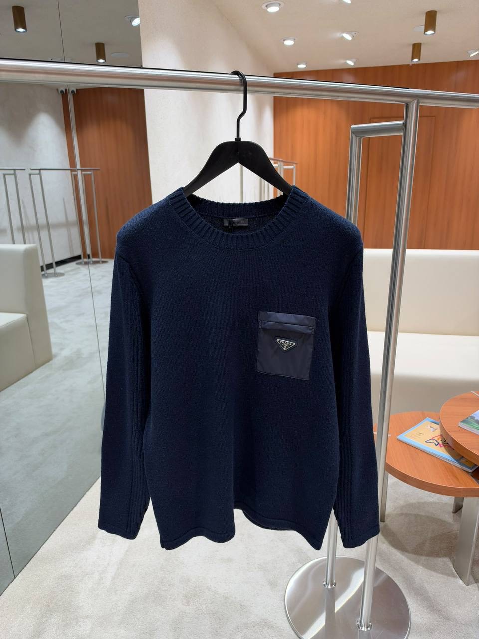 Navy Prada virgin wool nylon chest pocket crew neck sweater