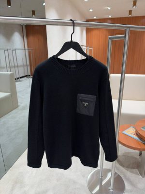 Black Prada virgin wool nylon chest pocket crew neck sweater